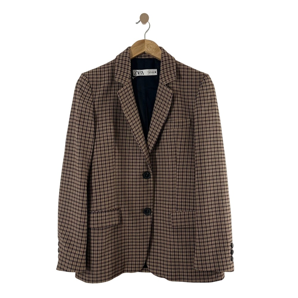 Zara Womens Brown Plaid Two Button Blazer Jacket Size Small Academic Career